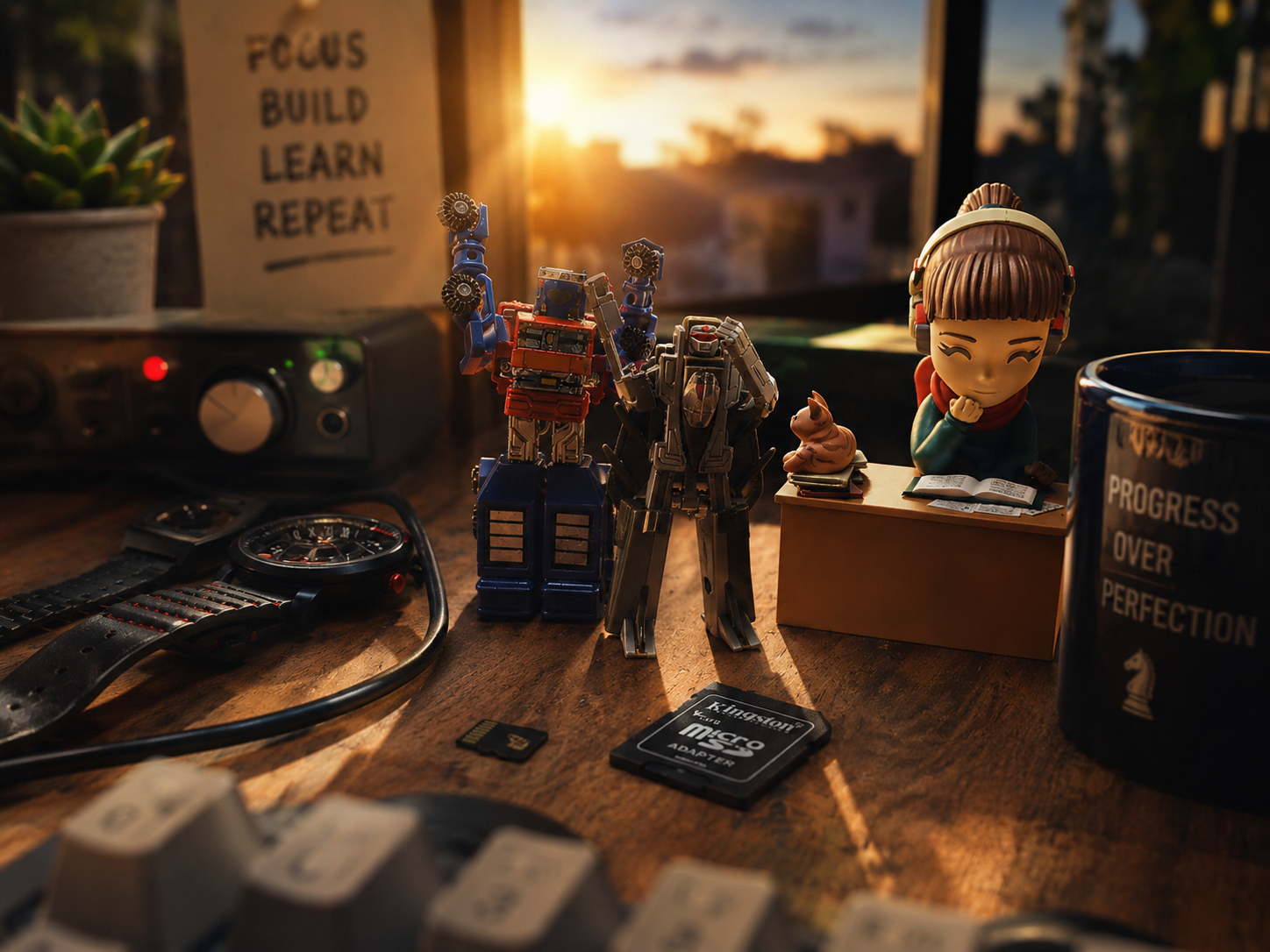 Inspirational desktop workspace poster with calm lighting