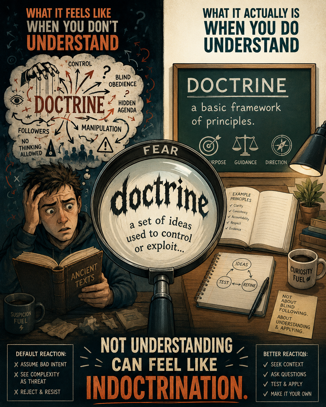 Split-scene editorial satire contrasting panic interpretation and calm framework reading