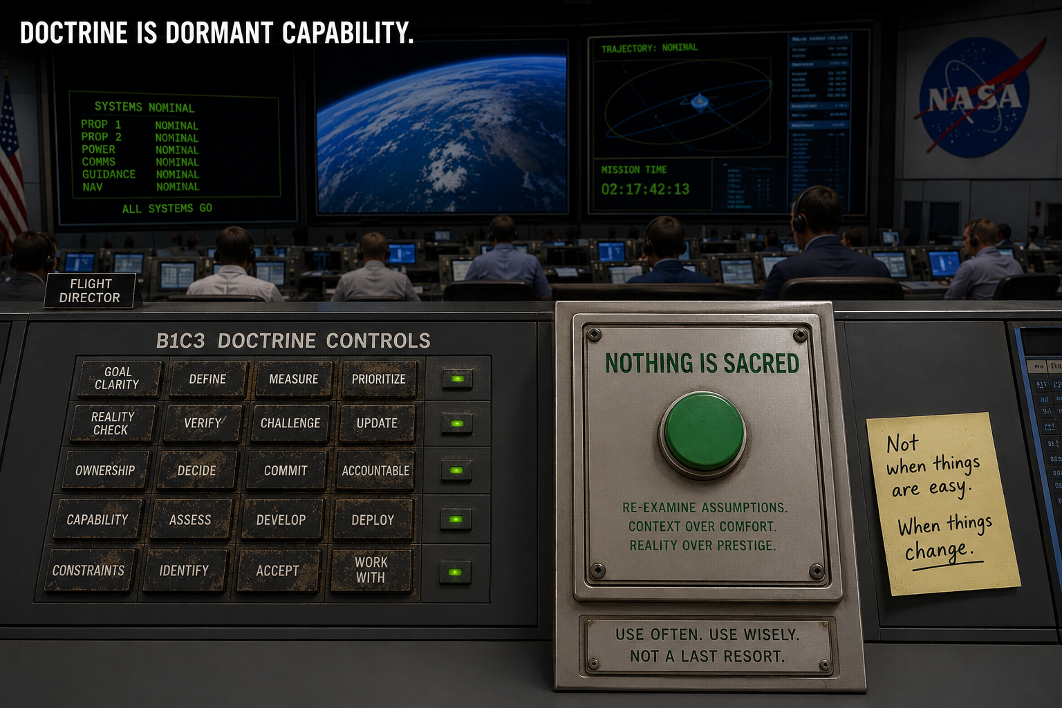 Mission control style console with doctrine buttons and a green Nothing Is Sacred button
