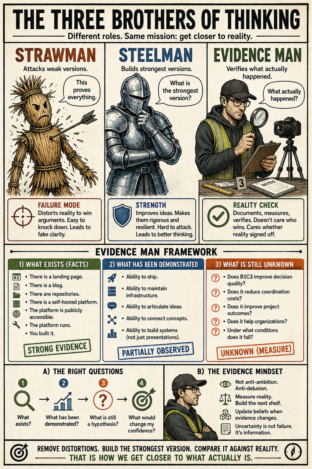 Educational poster comparing strawman, steelman, and evidence-first reasoning posture