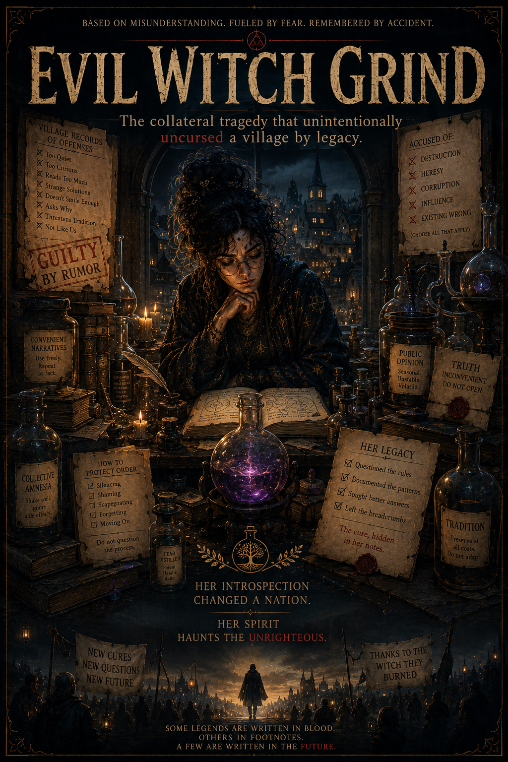 Mythic movie poster of a scholar-witch whose legacy uncurses the village that condemned her