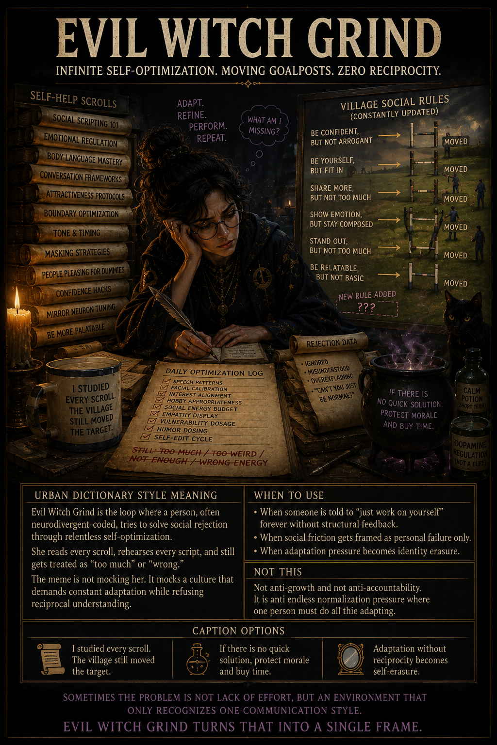 Earlier Evil Witch Grind render focused on self-help scrolls and adaptation pressure