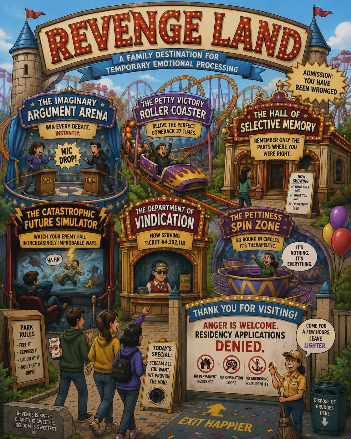 Satirical revenge-themed amusement park with signs about temporary processing and emotional boundaries