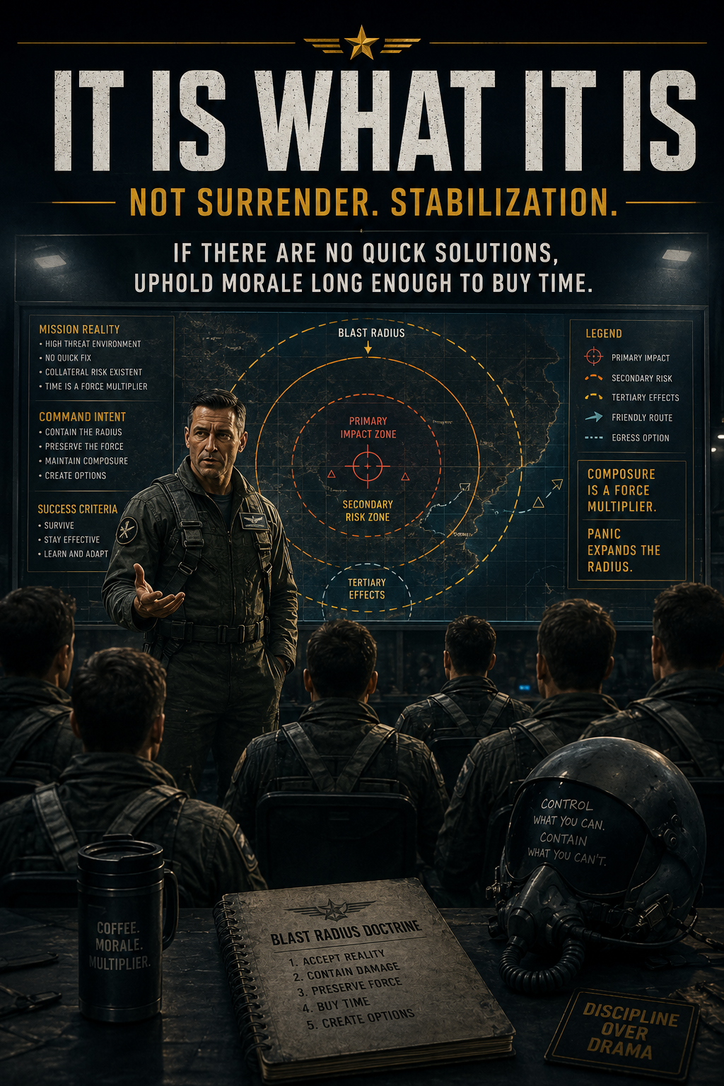 Captain briefing pilots in front of a blast-radius map with morale doctrine text