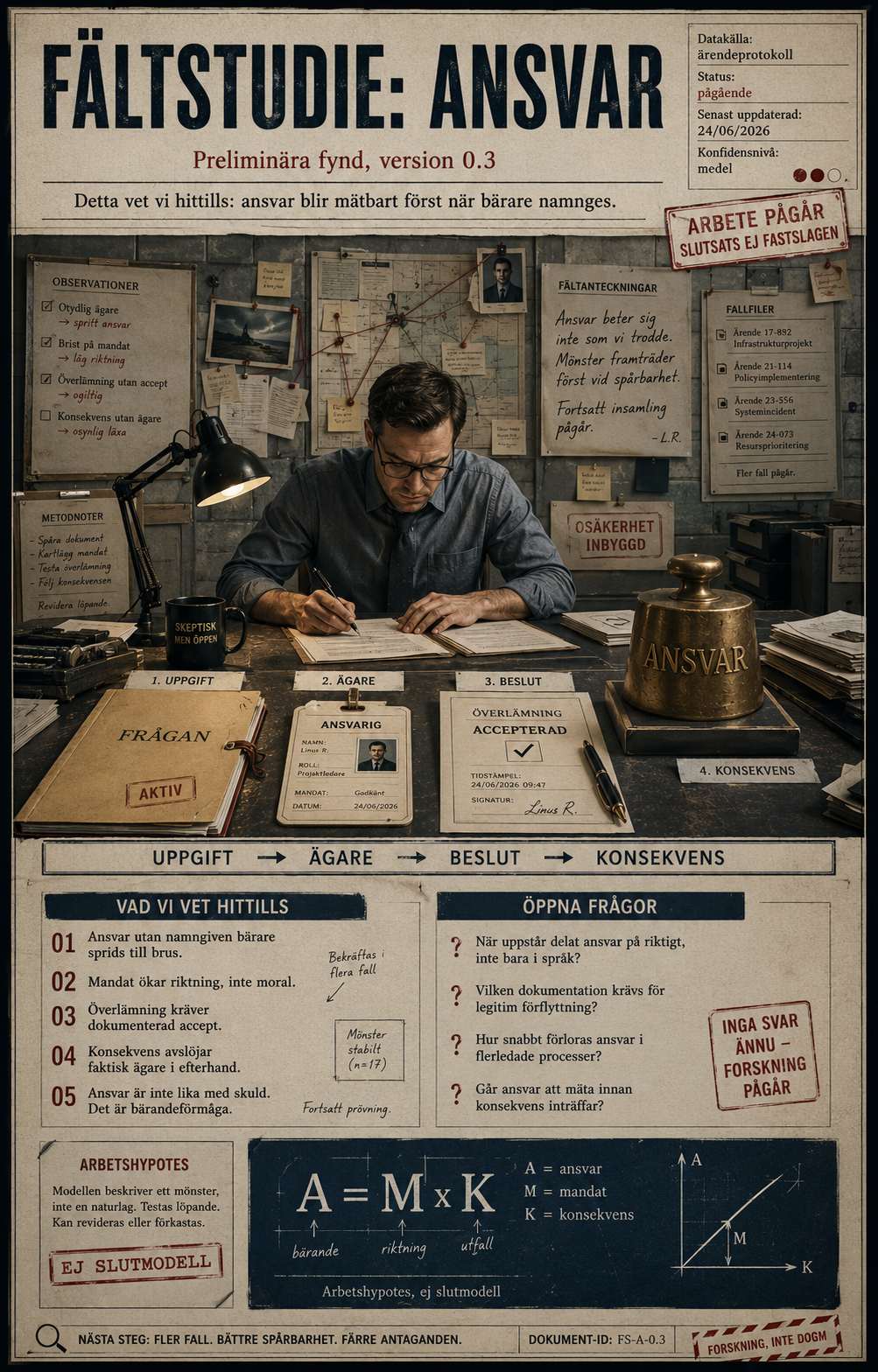 Institutional doctrine poster with linear accountability flow and named owner