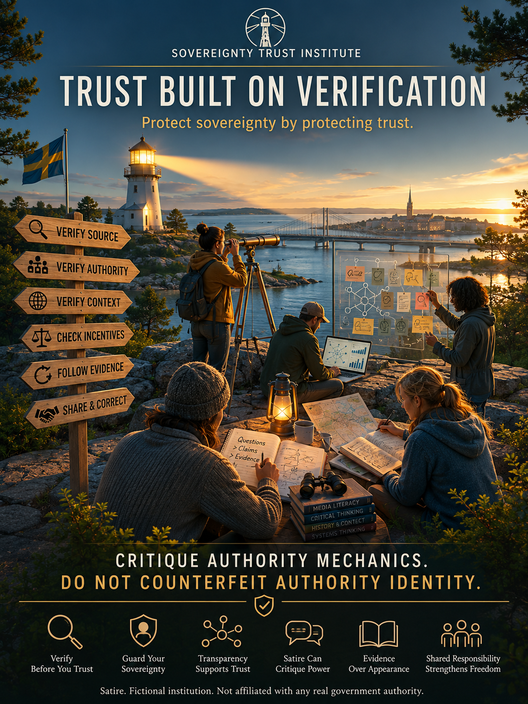Fictional civic poster about trust boundaries and anti-impersonation framing