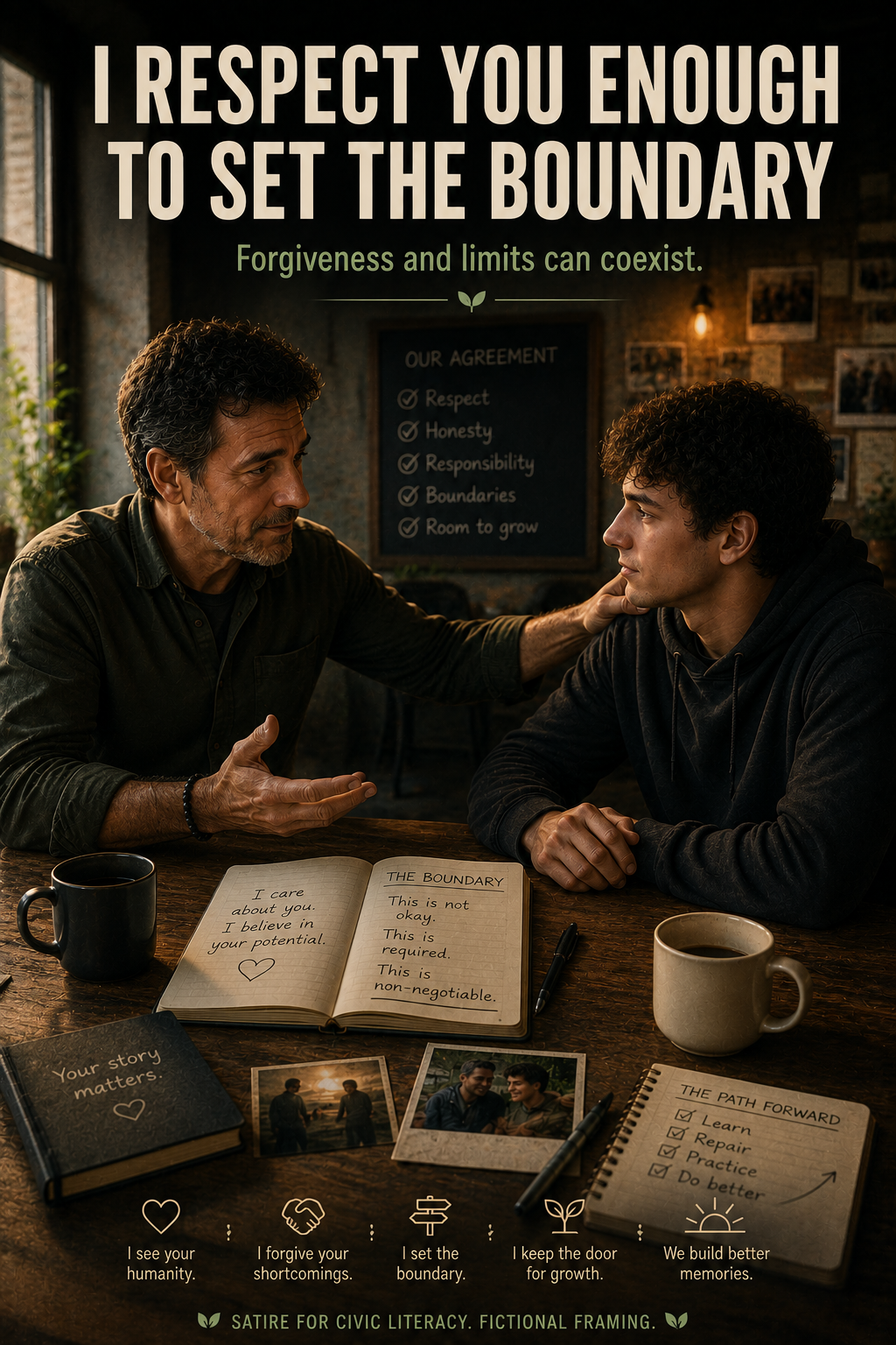 Mentor boundary scene expressing dignity through clear limits and humane tone
