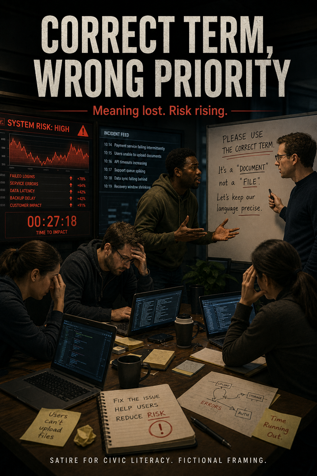 High-pressure incident room where terminology pedantry blocks urgent response