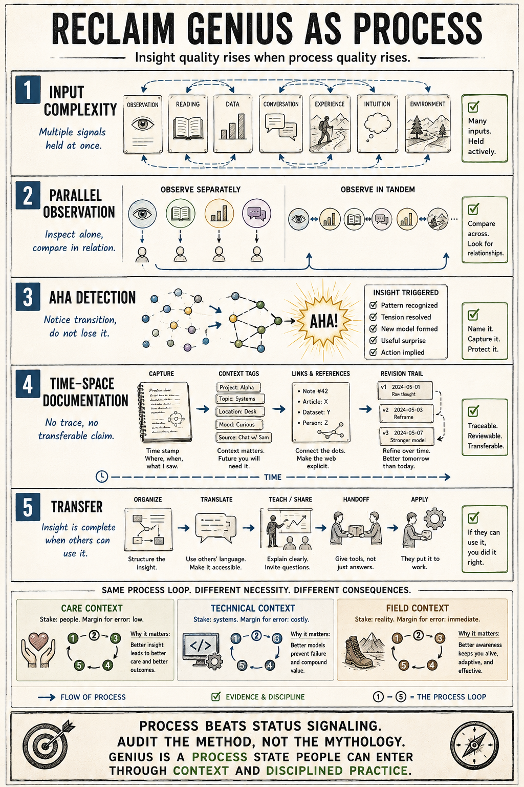 Five-step process poster reframing genius as method rather than status