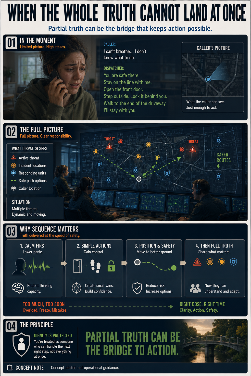 Four-section infographic showing partial truth sequencing through a civilian emergency dispatcher scenario