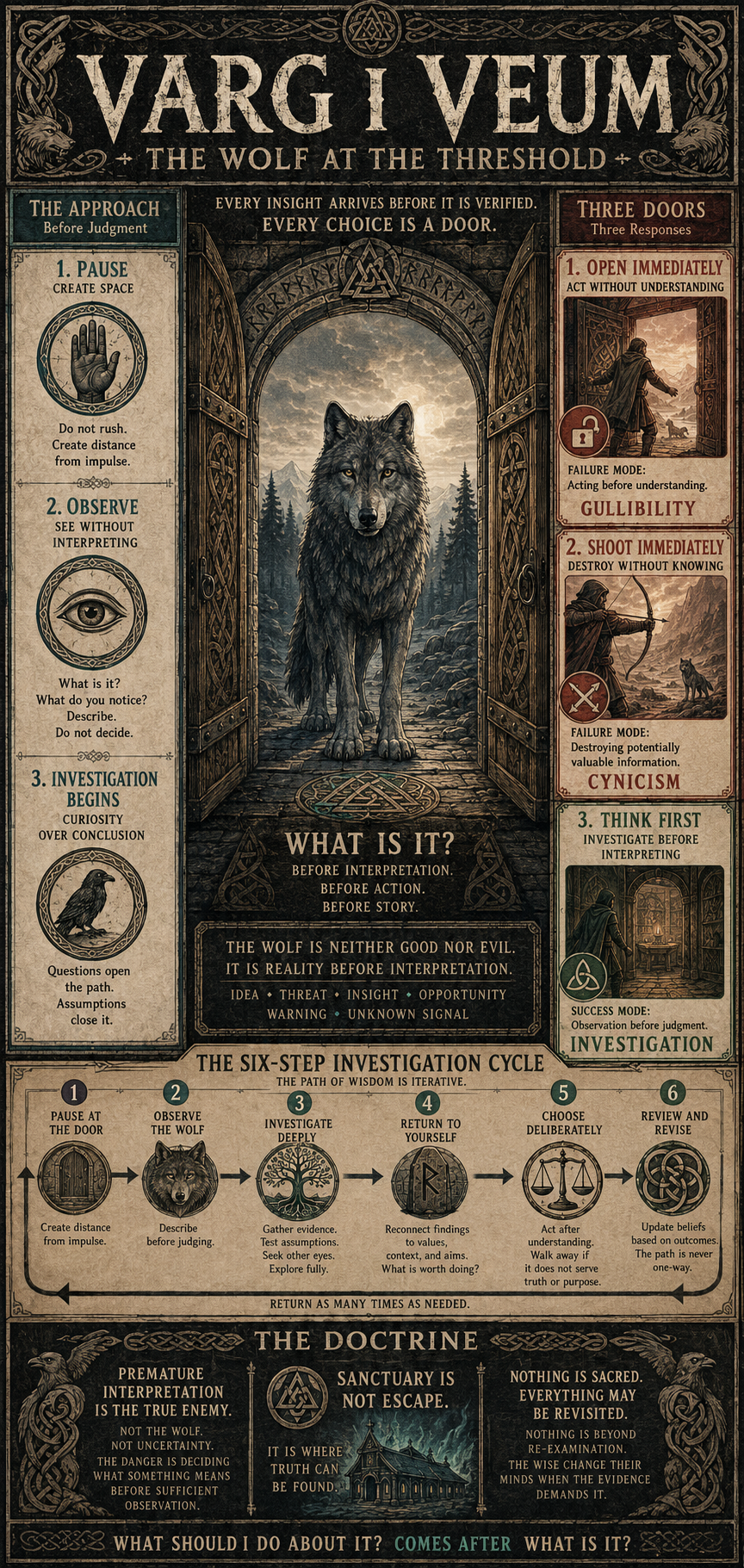 Mythic sanctuary poster teaching investigation before interpretation under uncertainty