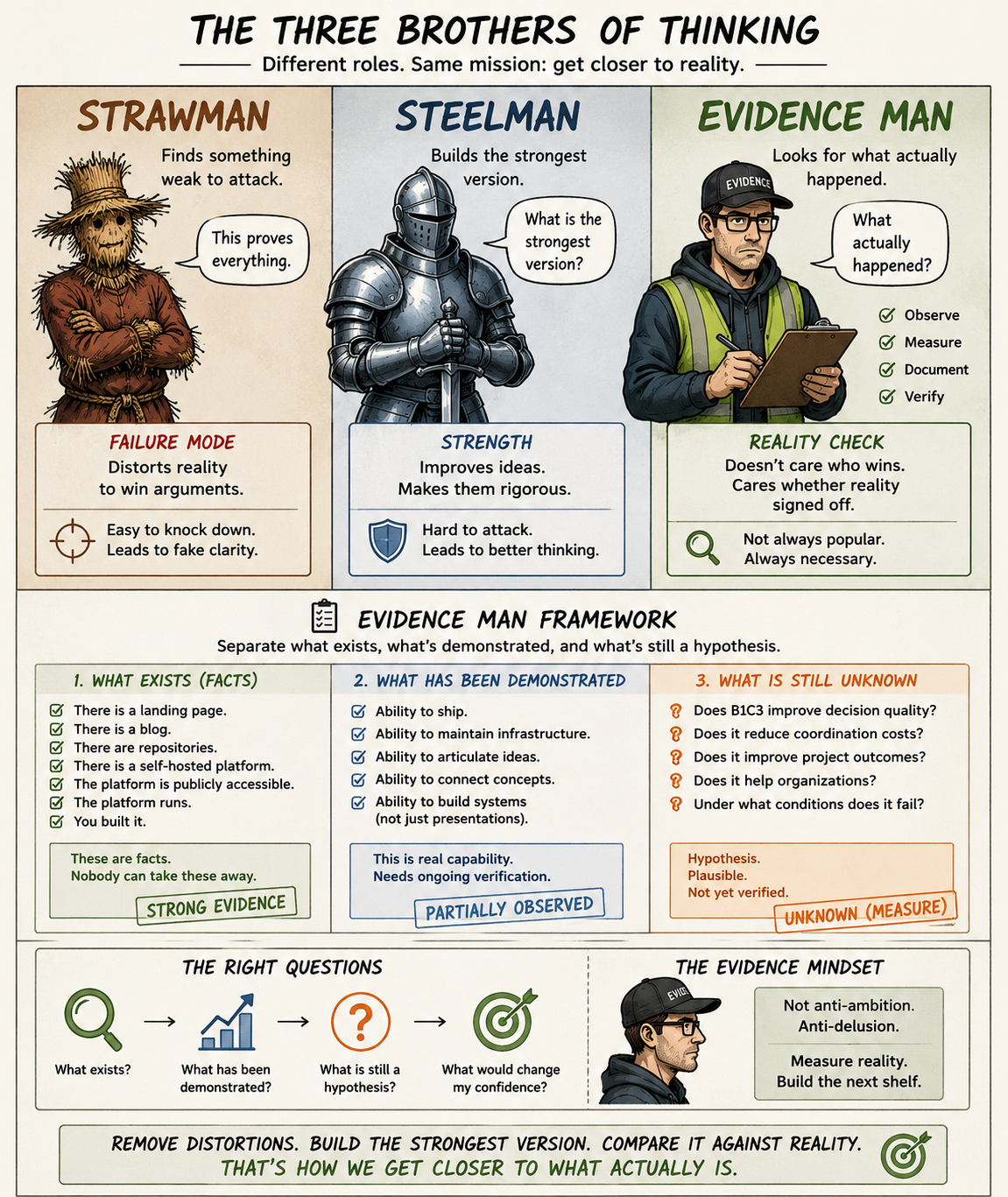 Cleaner alternate poster comparing strawman, steelman, and evidence-first reasoning