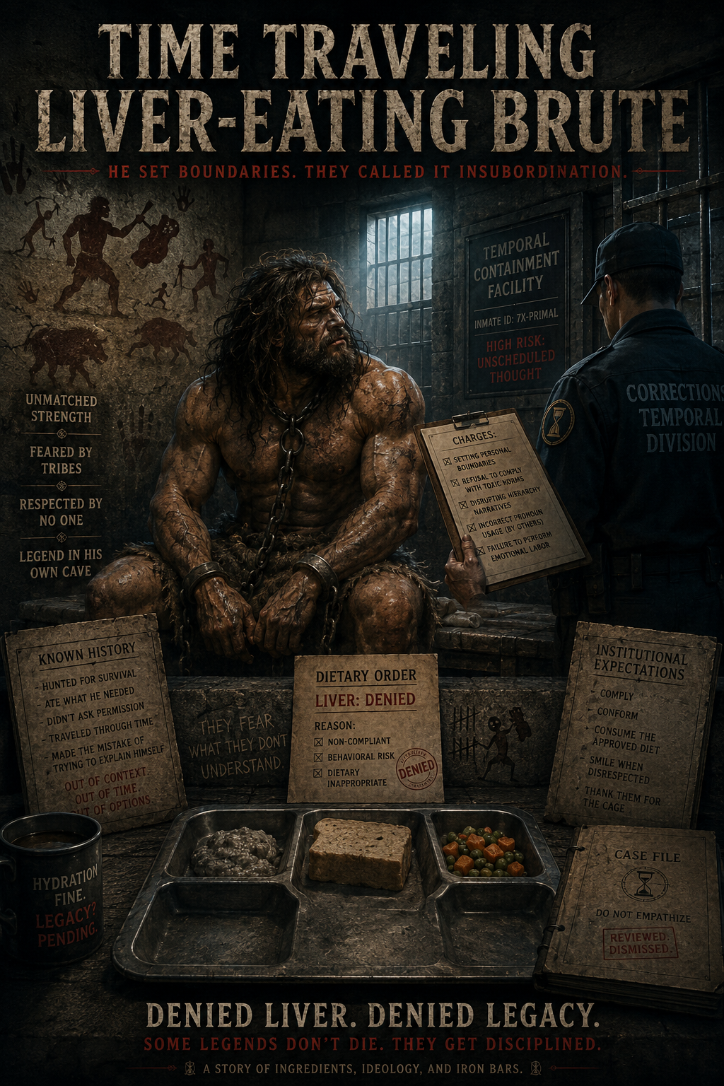 Earlier brute render with a prison poster framing and denied liver message