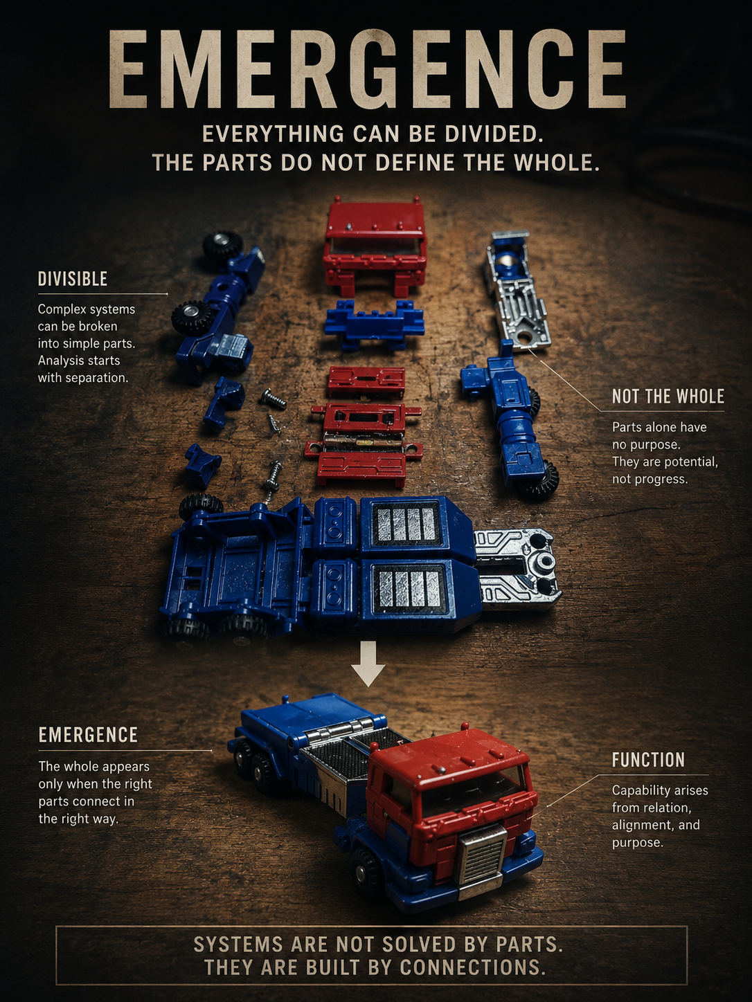 Toy transformer visual essay on emergence and whole-versus-part meaning