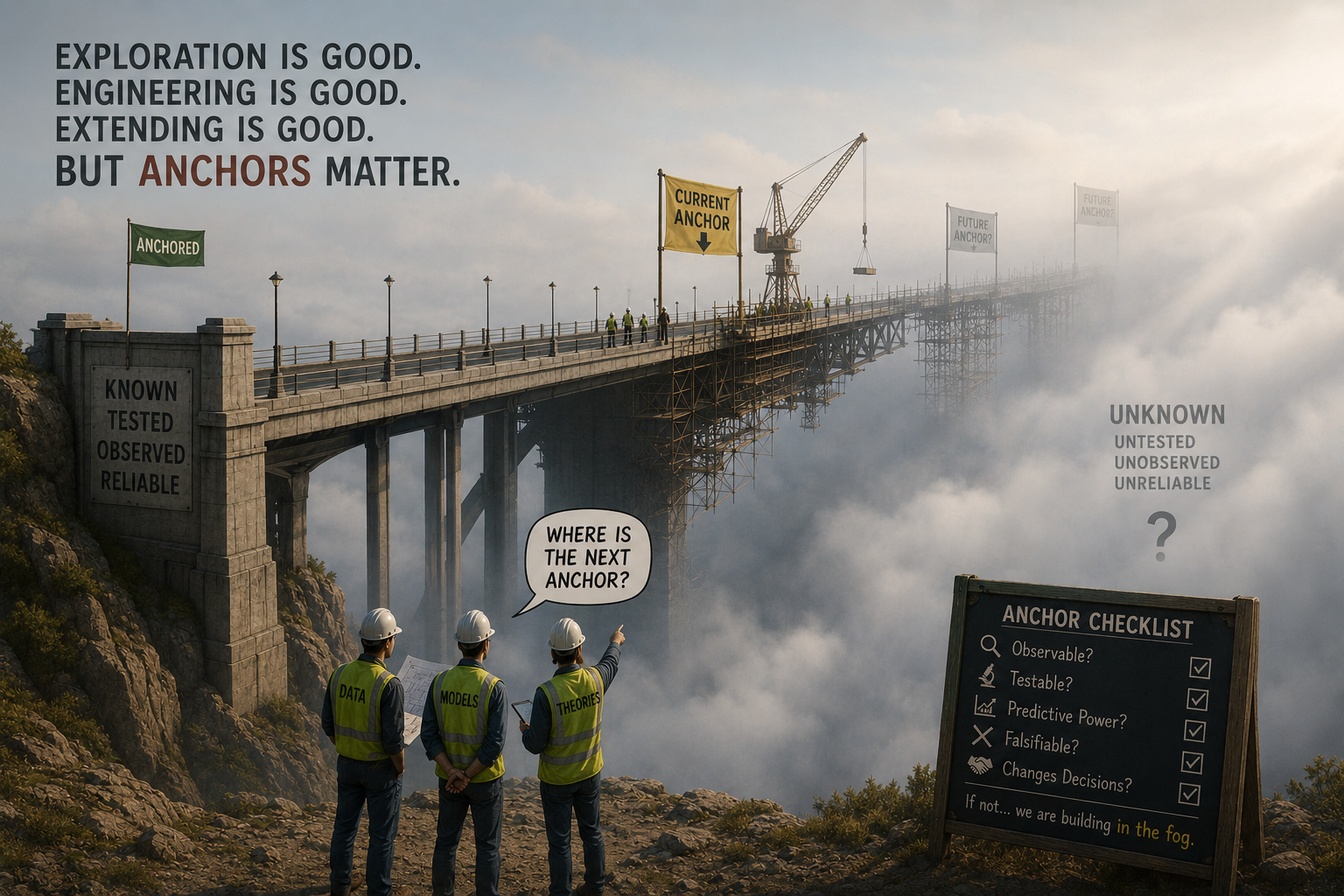 Bridge doctrine poster with criteria like observable, testable, predictive, and decision-relevant