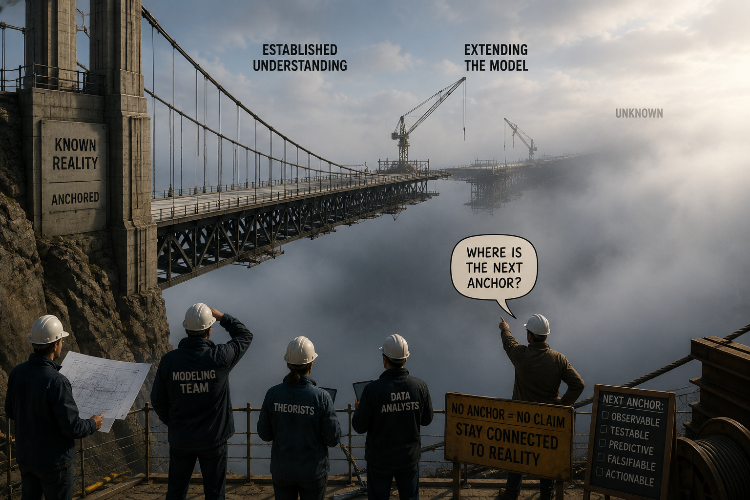 Bridge extending into dense fog with a question about the next anchor