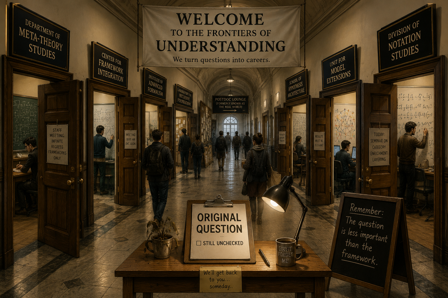 Long corridor of advanced departments with an unchecked original question clipboard