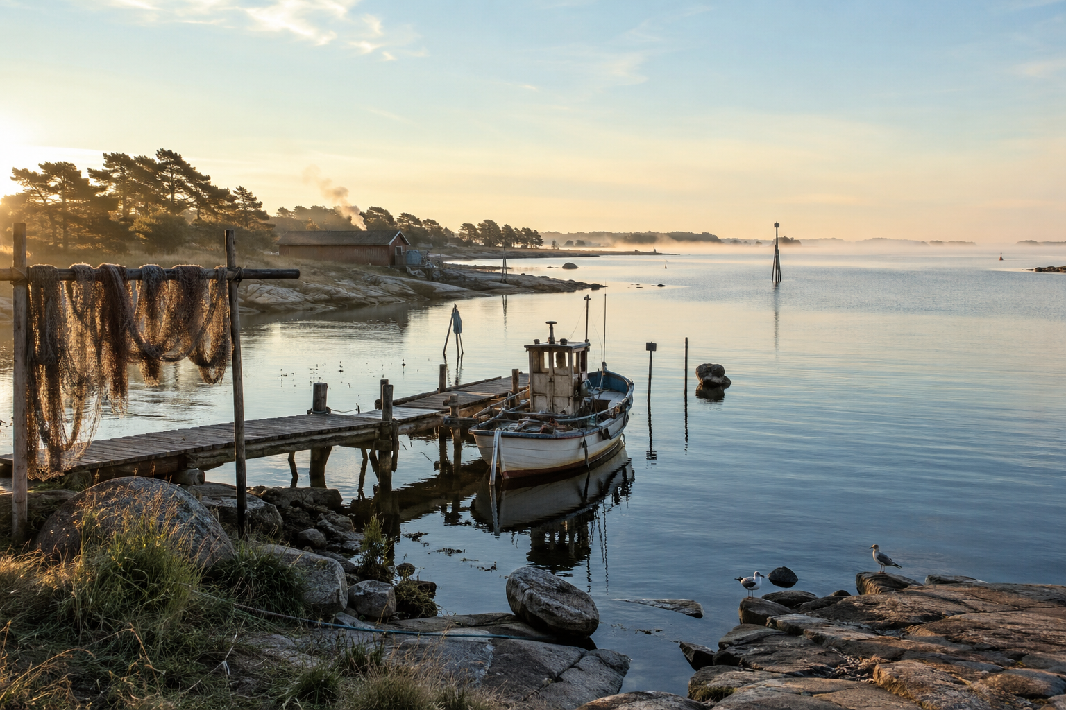 Calm Baltic dawn shoreline with traces of human life, old jetty, nets, smokehouse, and seabirds