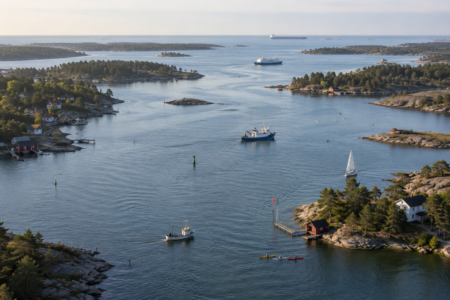 Bird's-eye Baltic transport corridor with ferries, fishing boats, cargo ships, sailboats, and migration overhead
