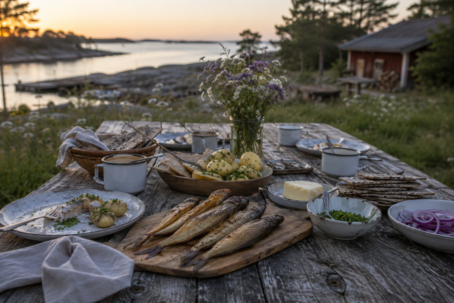Baltic table scene with smoked fish, potatoes, bread, butter, onions, and simple everyday tableware