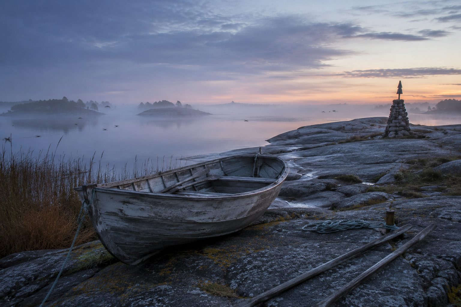 Moonlit Baltic shoreline with fog, standing stones, and an ambiguous silhouette near the waterline