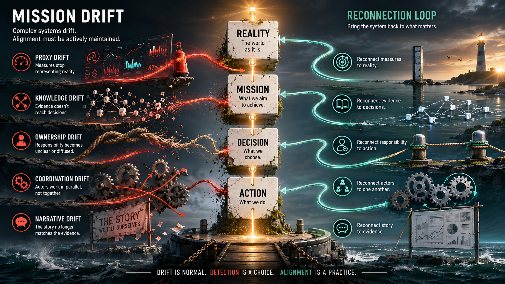 Mission alignment spine pulled by five drift vectors and corrected by reconnection loops