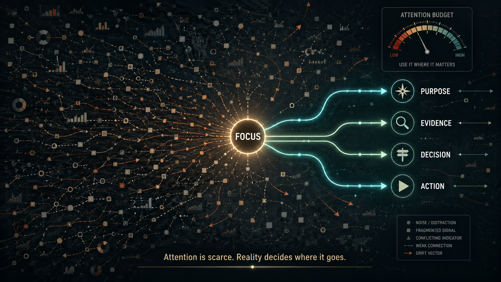 Focus doctrine visual showing one bounded intervention point inside a noisy systems map