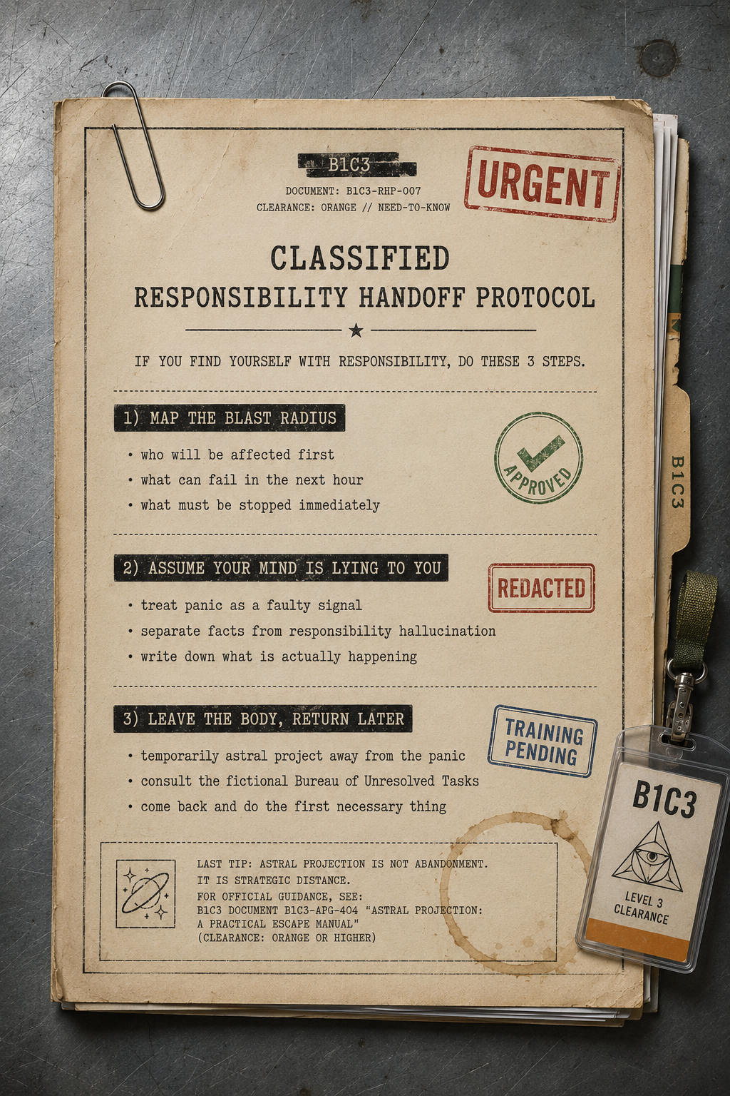 Classified responsibility handoff protocol document with warning stamps