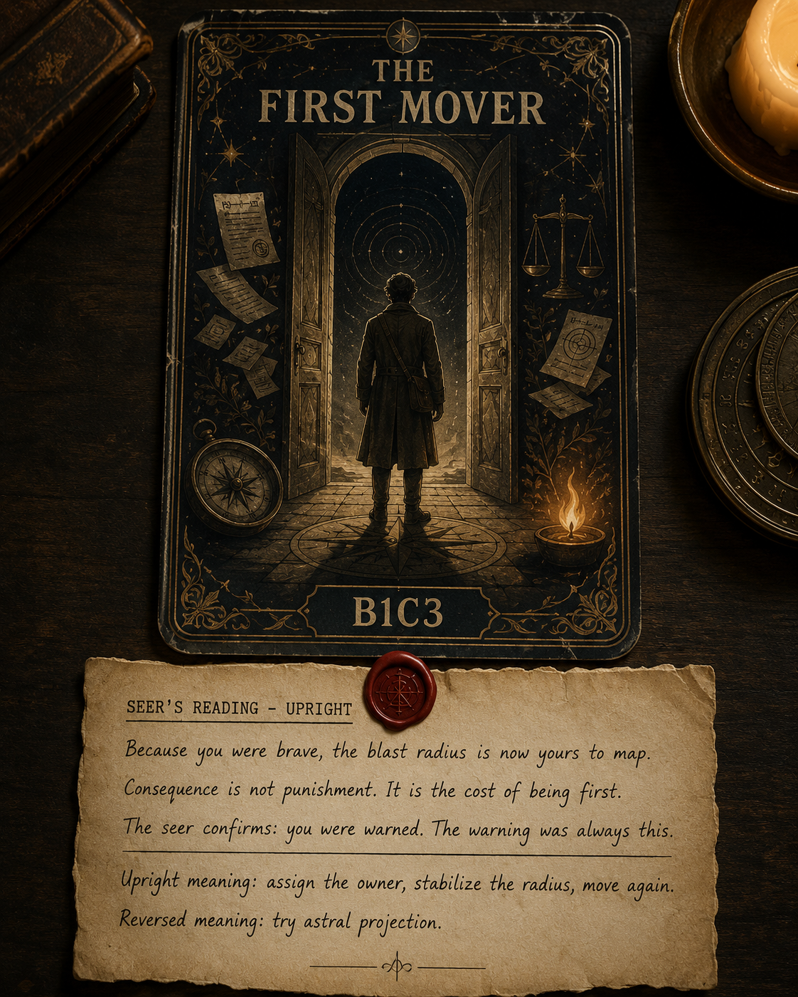 First mover tarot card with an interpretation slip translating bravery into accountability language