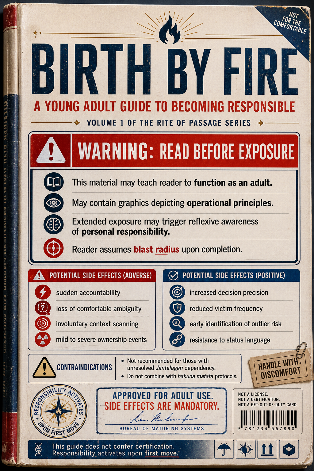 Birth By Fire warning-book cover treating adulthood as a regulated exposure with mandatory side effects
