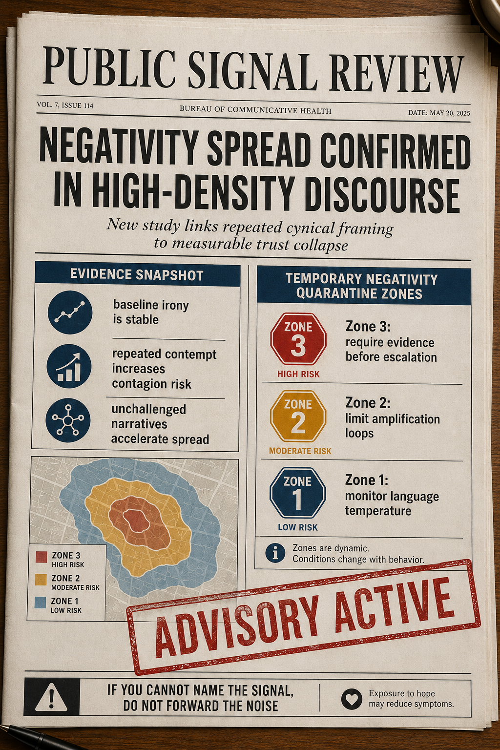 Public signal review newspaper warning about negativity spread and quarantine zones