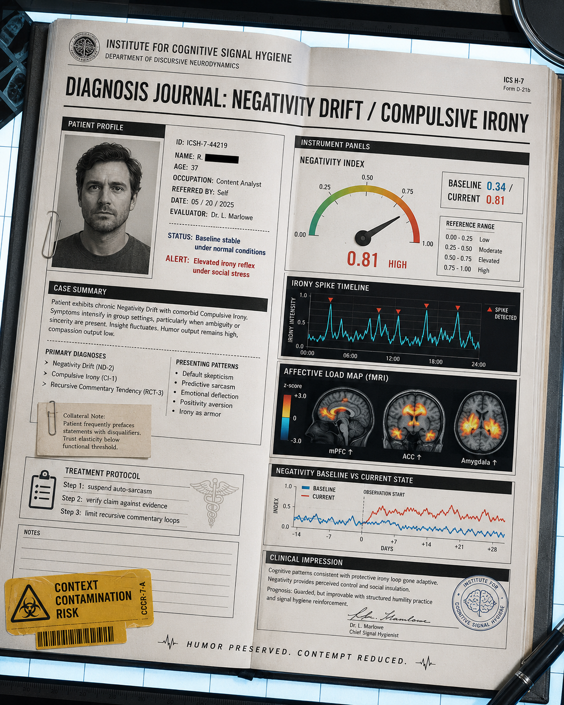 Clinical diagnosis journal for negativity drift with instrumentation panels and protocol steps
