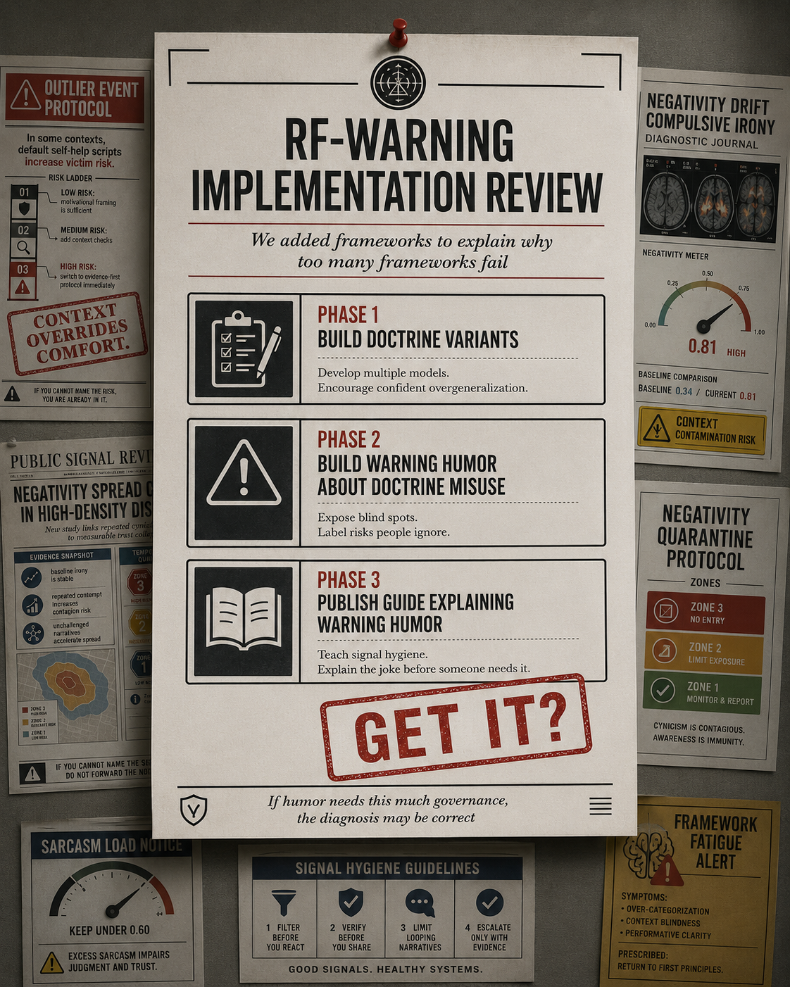 RF-warning implementation review memo with three phases and final GET IT stamp