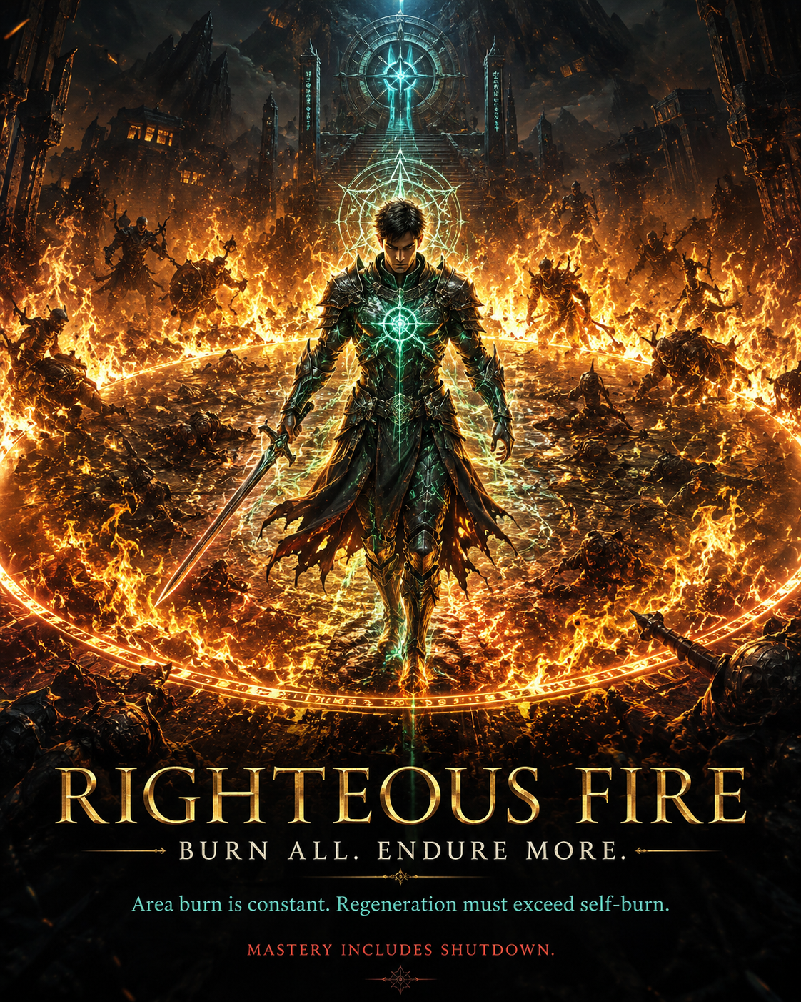 Artistic Righteous Fire poster with circular burn aura and the line burn all endure more